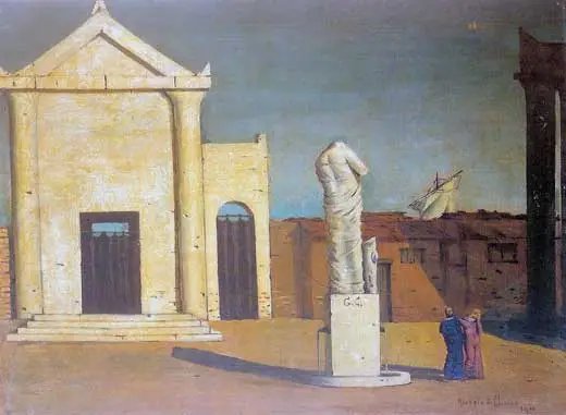 Giorgio de Chirico, plaza metafísica con estatua.