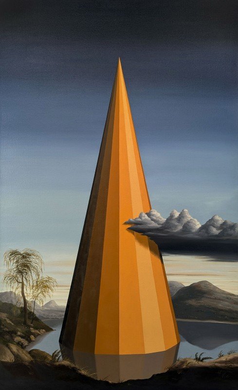 Max Gómez Canle, cono dorado sobre paisaje.