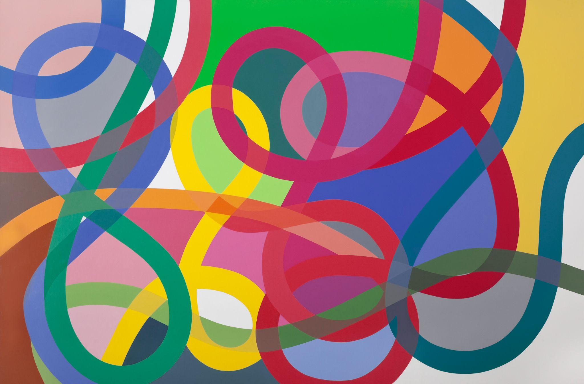 Pintura geométrica contemporánea de gran formato: curvas y bloques de color vibrante.