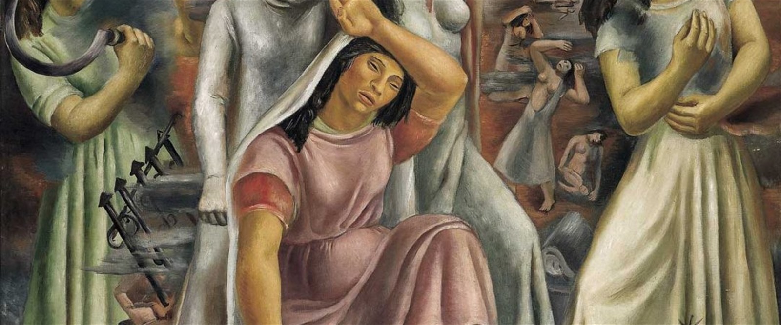 Detalle de «Mujeres del mundo» (1938): la viuda con la hoz, la figura central y las ruinas del fondo.