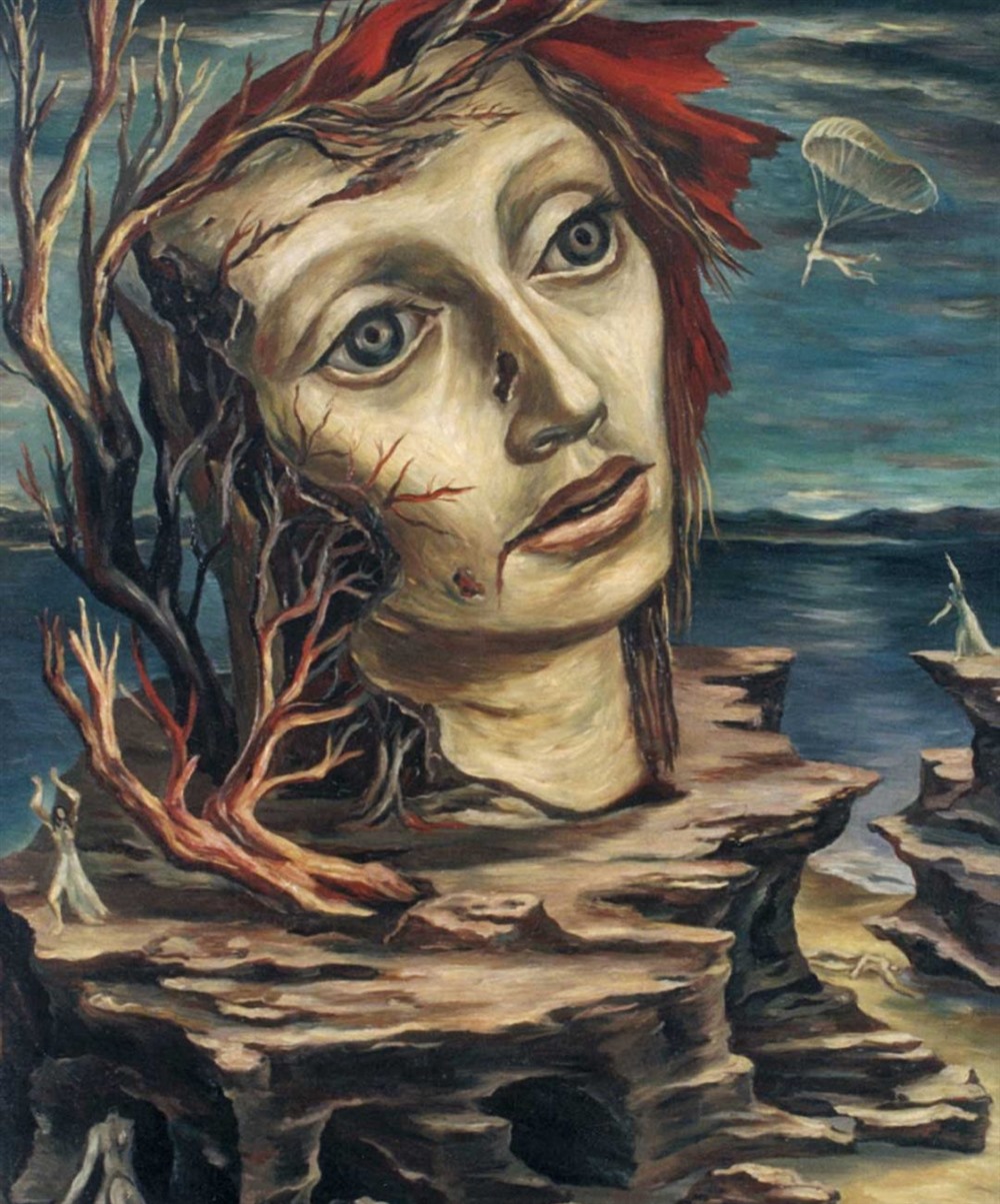 «Ícaro» (1944), de Raquel Forner: una cabeza de mujer emerge de un acantilado mientras cae un paracaidista.