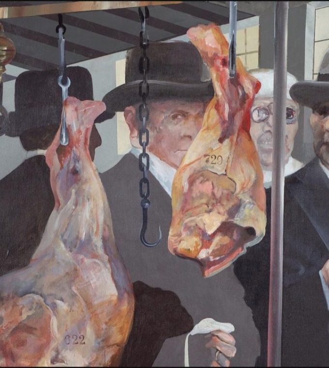 Carne de primera N.º 1, de Carlos Alonso: hombres de traje y sombrero miran piezas de carne colgadas de ganchos en una carnicería.