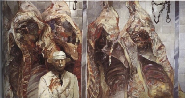 Carne de primera (1977), de Carlos Alonso: un hombre de traje y sombrero blancos entre medias reses colgadas.