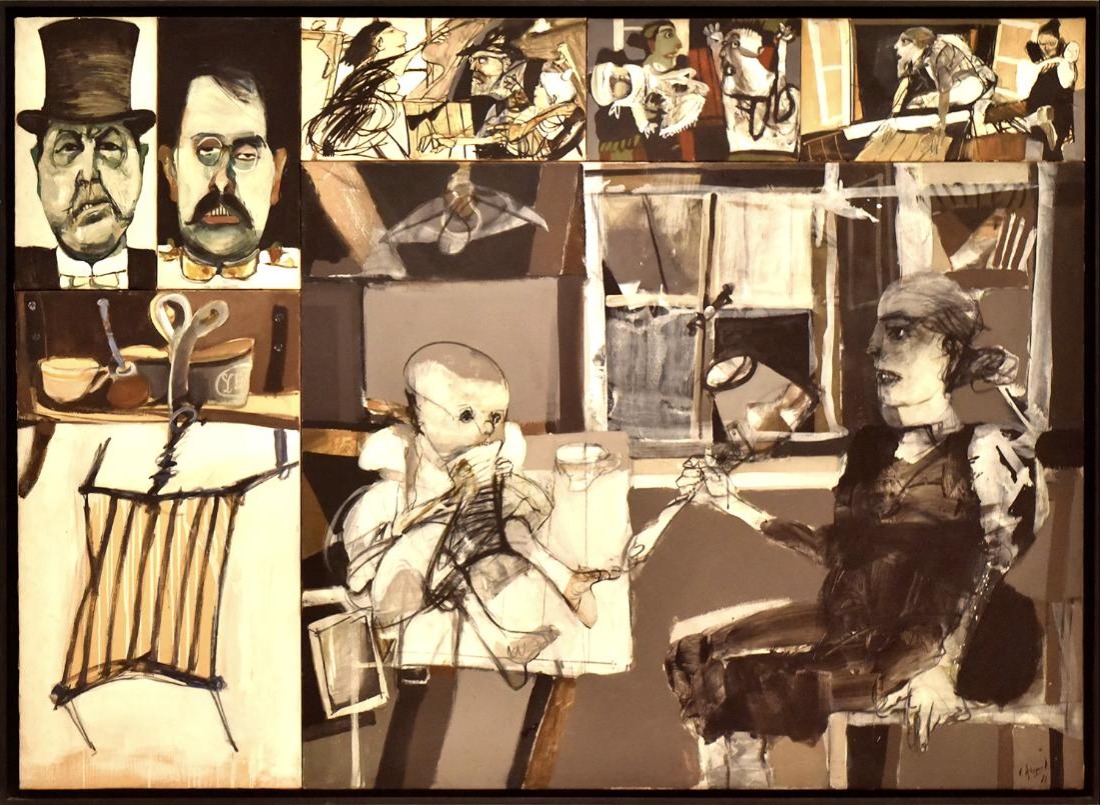 Sin pan y sin trabajo (1966), de Carlos Alonso: una mujer sentada con un bebé, rodeada de recuadros con retratos, utensilios y escenas domésticas.