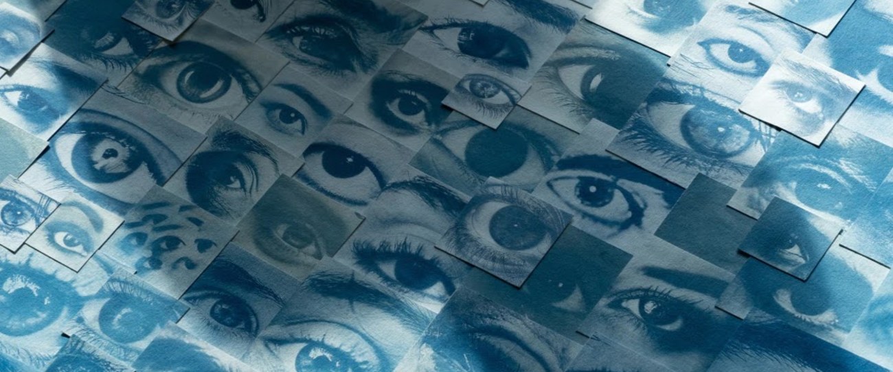 Detalle de una cianotipia compuesta por retratos de ojos en distintos tonos de azul.