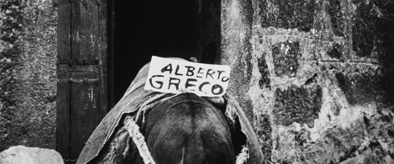 Un burro con un cartel colgado que dice Alberto Greco, frente a un portal de piedra.